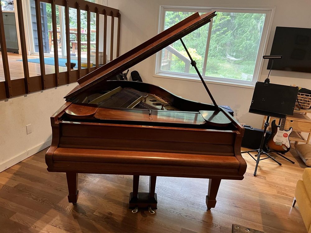 A grand piano in a sunlit room