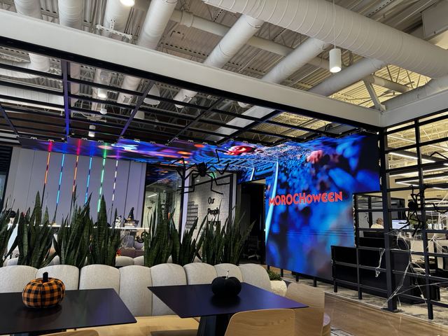 Lobby LED wall showing a seasonal Moroch design